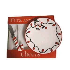 Fitz and Floyd Cheers Snowman Snack Plate w Candy Cane‎ Knife Spreader Christmas